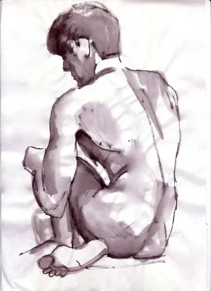 Siting Male Nude Drawing Ink Wash Boris Novak